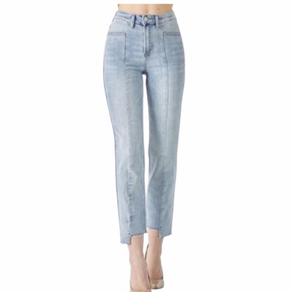 Risen Jeans High Rise Straight Leg Frayed Step‎ Hem Jeans Style #RDP5181 Size 27